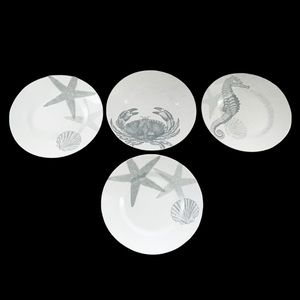 222 Fifth Coastal Life Silver set of four seahorse, crab, shells luncheon plates
